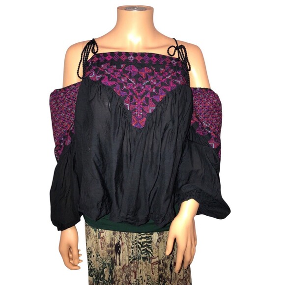 Free People Black Purple Open Shoulder Long Sleeve Top/Blouse size M - Picture 3 of 12